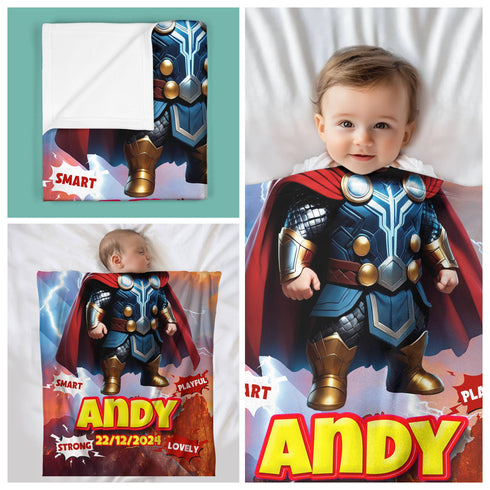 Personalized Baby Thor Blanket – Superhero Custom Name & Date Fleece Gift for Boys